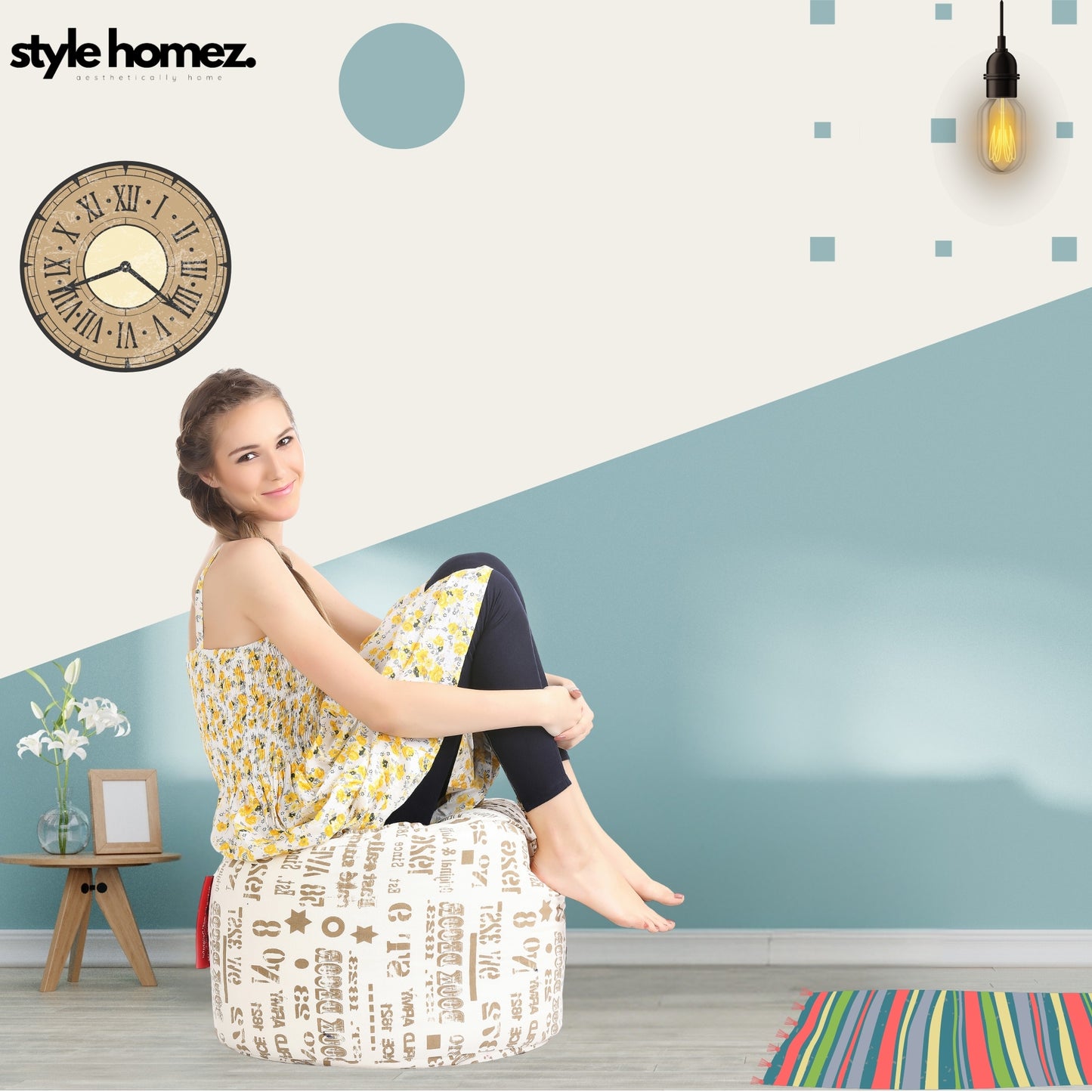 Style Homez Round Ottoman, Cotton Canvas Abstract Printed Bean Bag Stool Large Size Filled with Beans, Caramel Color