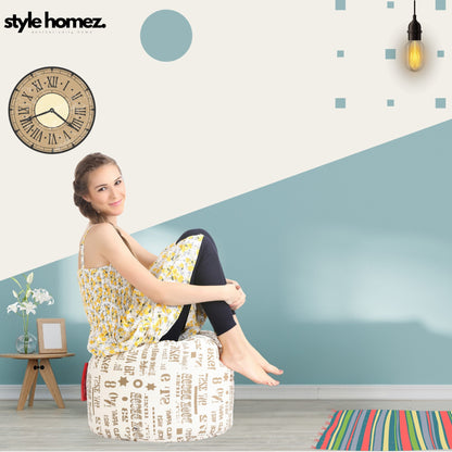 Style Homez Round Ottoman, Cotton Canvas Abstract Printed Bean Bag Stool Large Size Filled with Beans, Caramel Color