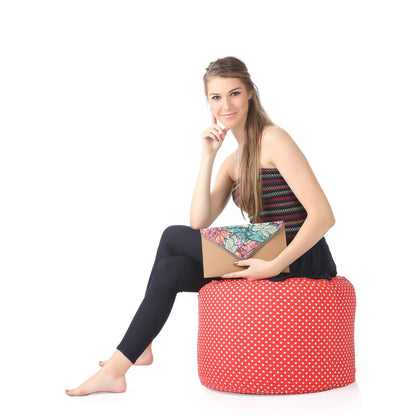Style Homez Round Ottoman, Cotton Canvas Star Printed Bean Bag Stool Large Size Filled with Beans Fillers, Red Color