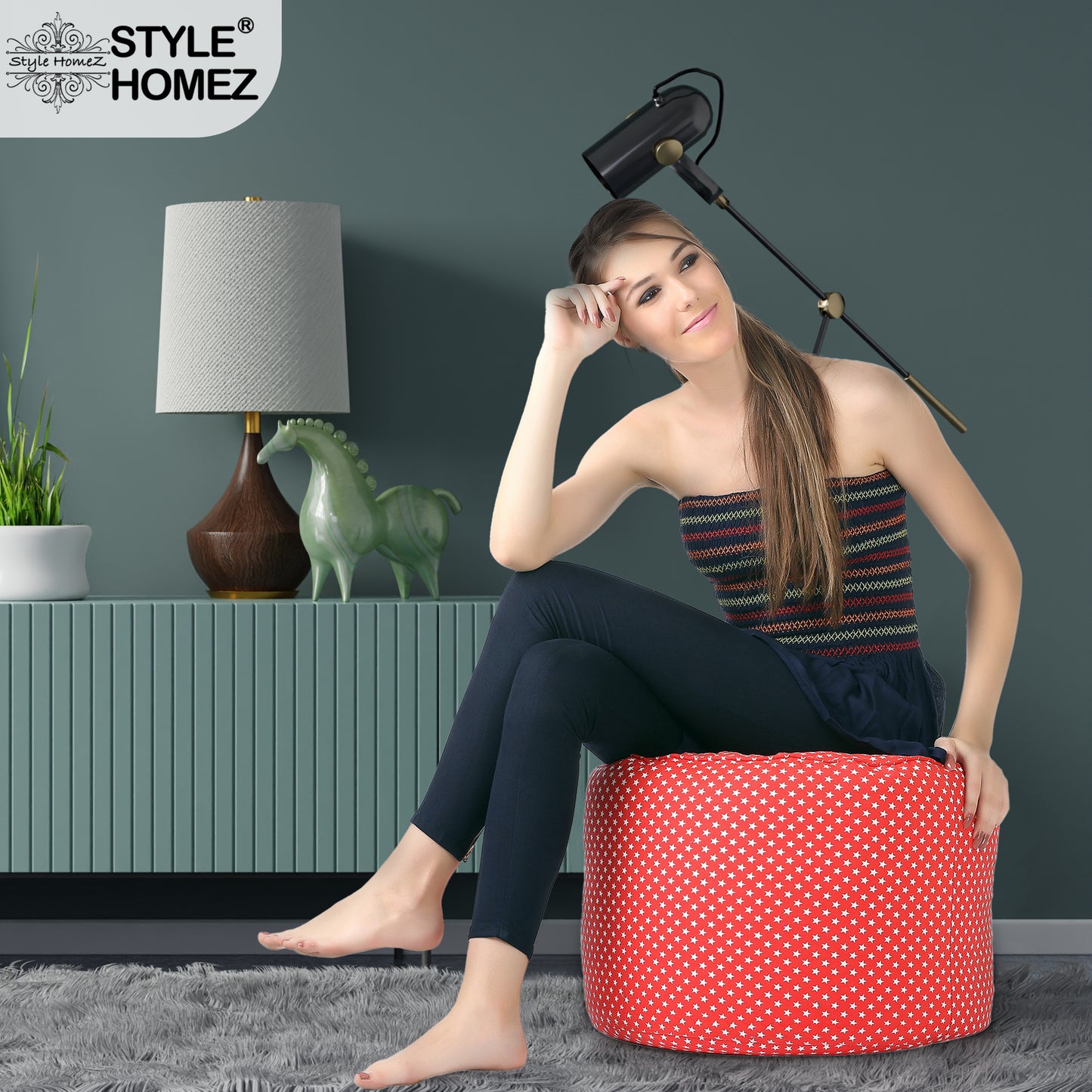 Style Homez Round Ottoman, Cotton Canvas Star Printed Bean Bag Stool Large Size Filled with Beans Fillers, Red Color