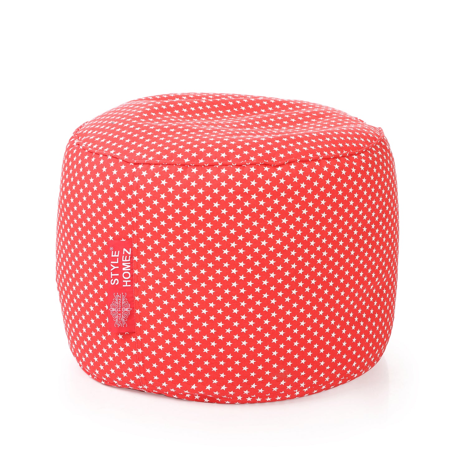 Style Homez Round Ottoman, Cotton Canvas Star Printed Bean Bag Stool Large Size Filled with Beans Fillers, Red Color