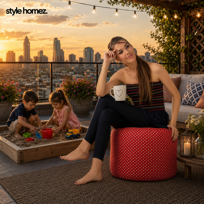 Style Homez Round Ottoman, Cotton Canvas Star Printed Bean Bag Stool Large Size Filled with Beans Fillers, Red Color