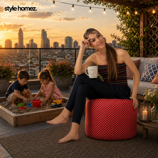 Style Homez Round Ottoman, Cotton Canvas Star Printed Bean Bag Stool Large Size Filled with Beans Fillers, Red Color