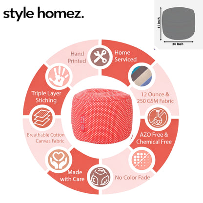 Style Homez Round Ottoman, Cotton Canvas Star Printed Bean Bag Stool Large Size Filled with Beans Fillers, Red Color