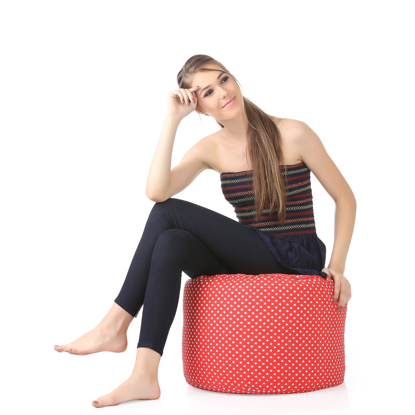 Style Homez Round Ottoman, Cotton Canvas Star Printed Bean Bag Stool Large Size Filled with Beans Fillers, Red Color