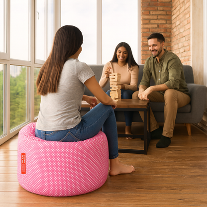 Style Homez Round Ottoman, Cotton Canvas Polka Dots Printed Bean Bag Stool Large Size Filled with Beans Fillers, Pink Color