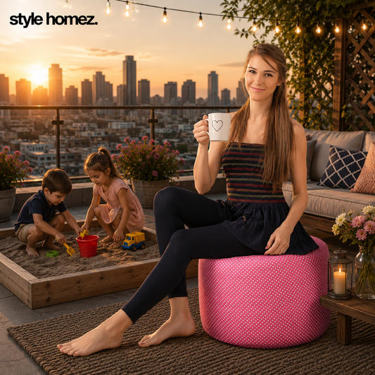 Style Homez Round Ottoman, Cotton Canvas Polka Dots Printed Bean Bag Stool Large Size Filled with Beans Fillers, Pink Color