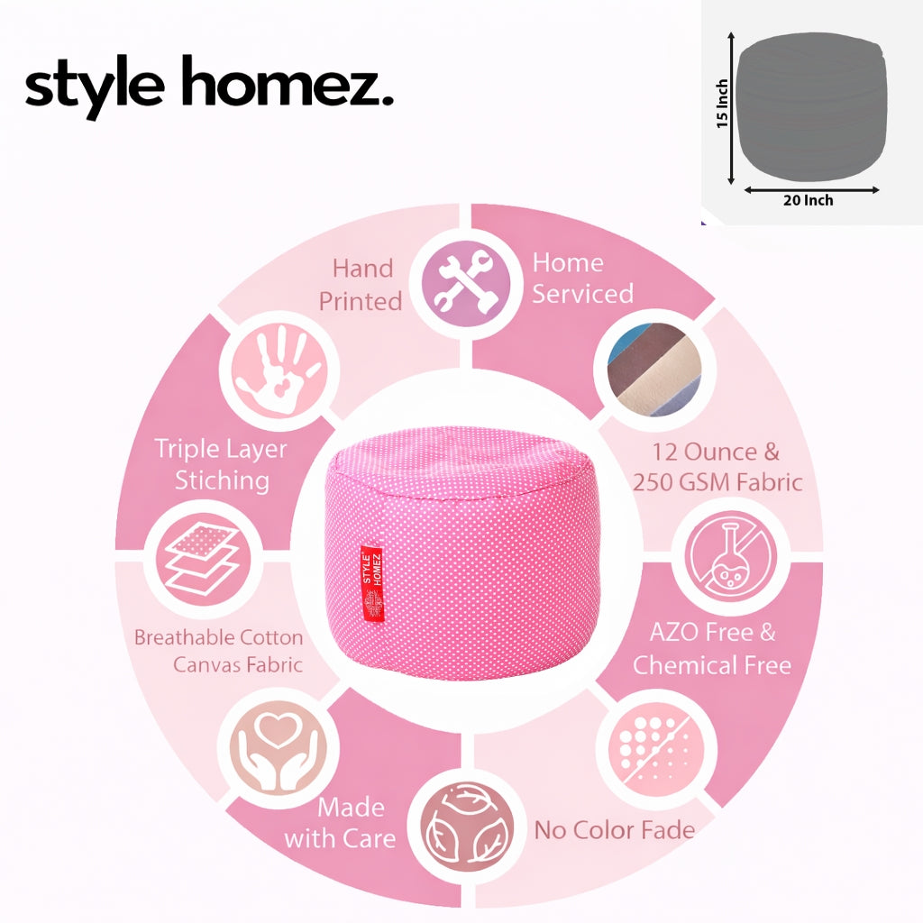 Style Homez Round Ottoman, Cotton Canvas Polka Dots Printed Bean Bag Stool Large Size Filled with Beans Fillers, Pink Color