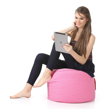 Style Homez Round Ottoman, Cotton Canvas Polka Dots Printed Bean Bag Stool Large Size Filled with Beans Fillers, Pink Color