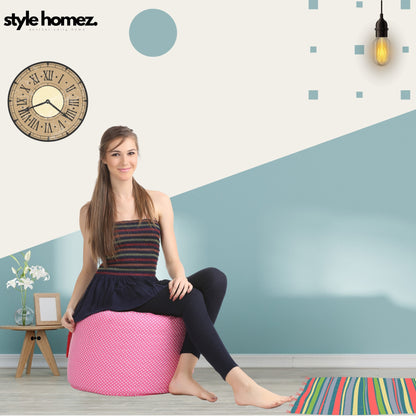 Style Homez Round Ottoman, Cotton Canvas Polka Dots Printed Bean Bag Stool Large Size Filled with Beans Fillers, Pink Color