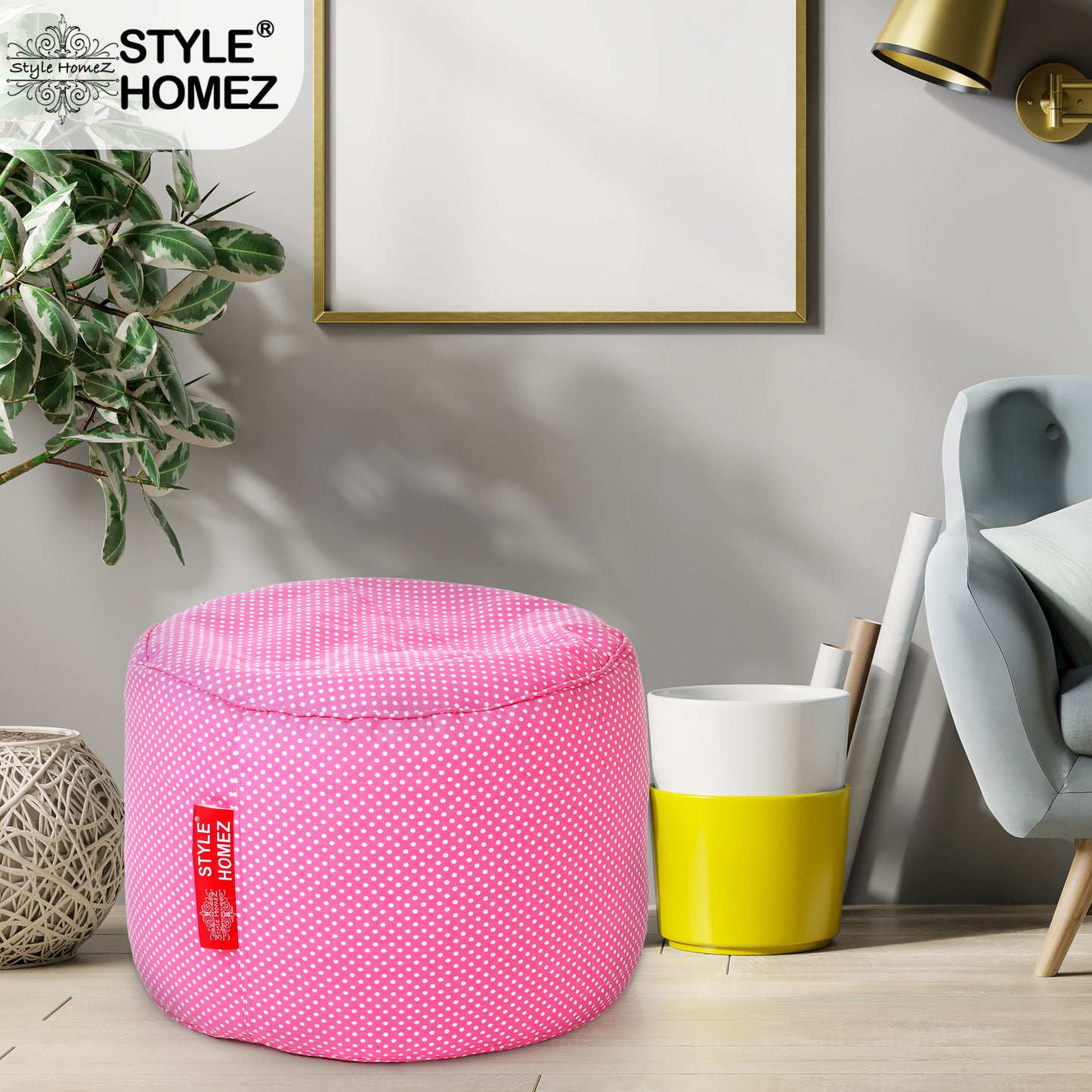 Style Homez Round Ottoman, Cotton Canvas Polka Dots Printed Bean Bag Stool Large Size Filled with Beans Fillers, Pink Color