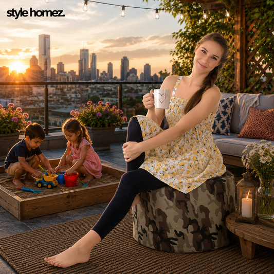 Style Homez Round Ottoman, Cotton Canvas CamouElage Printed Bean Bag Stool Large Size Filled with Beans Fillers, Multi Color