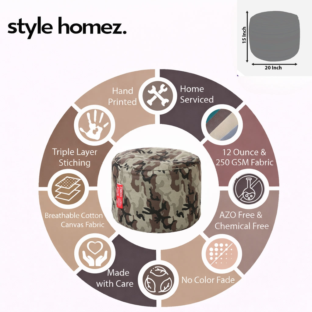 Style Homez Round Ottoman, Cotton Canvas CamouElage Printed Bean Bag Stool Large Size Filled with Beans Fillers, Multi Color