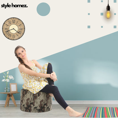 Style Homez Round Ottoman, Cotton Canvas CamouElage Printed Bean Bag Stool Large Size Filled with Beans Fillers, Multi Color