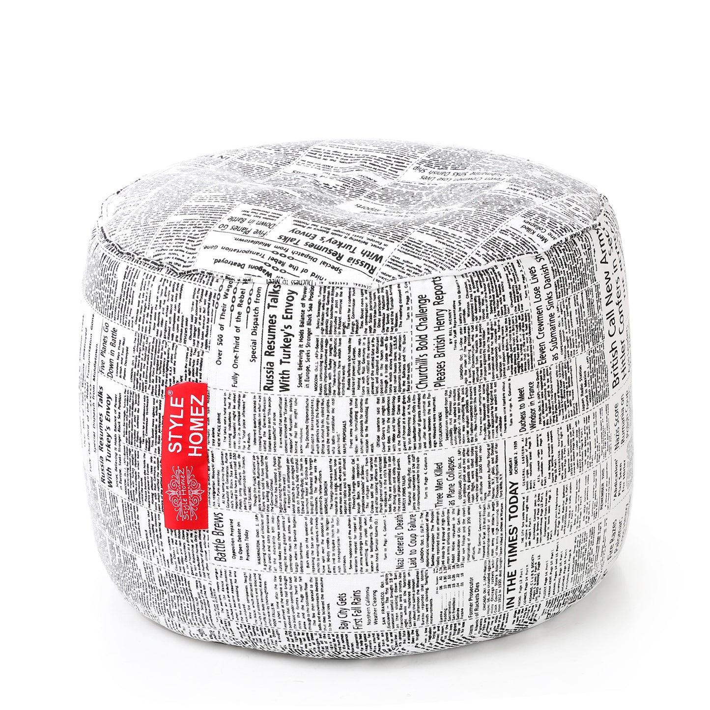 Style Homez Round Ottoman, Cotton Canvas Newspaper Printed Bean Bag Stool Large Size Filled with Beans Fillers, White Black Color