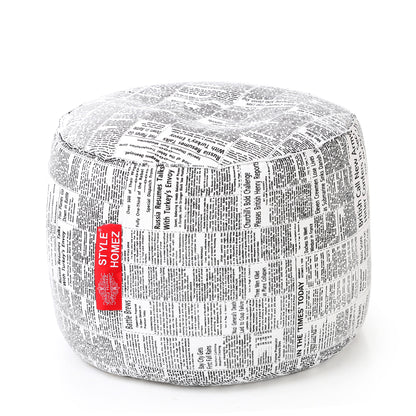 Style Homez Round Ottoman, Cotton Canvas Newspaper Printed Bean Bag Stool Large Size Filled with Beans Fillers, White Black Color