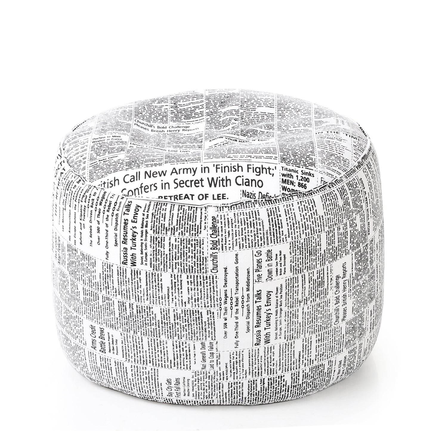 Style Homez Round Ottoman, Cotton Canvas Newspaper Printed Bean Bag Stool Large Size Filled with Beans Fillers, White Black Color