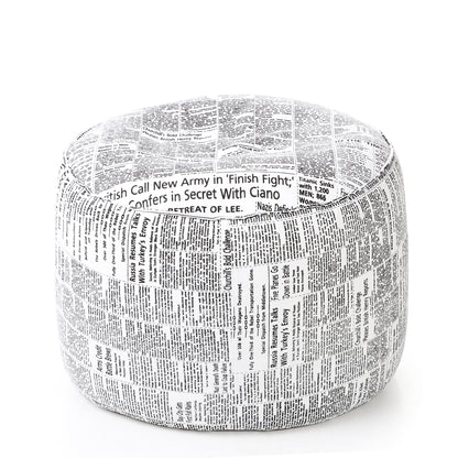 Style Homez Round Ottoman, Cotton Canvas Newspaper Printed Bean Bag Stool Large Size Filled with Beans Fillers, White Black Color