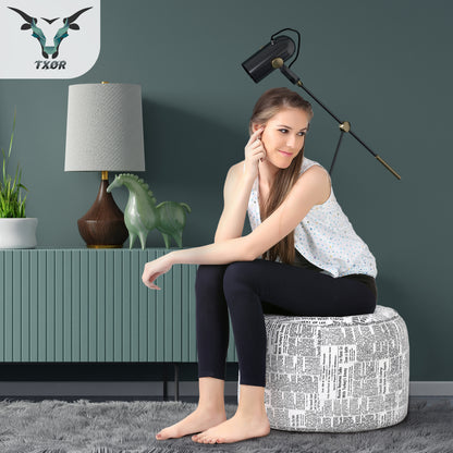 Style Homez Round Ottoman, Cotton Canvas Newspaper Printed Bean Bag Stool Large Size Filled with Beans Fillers, White Black Color