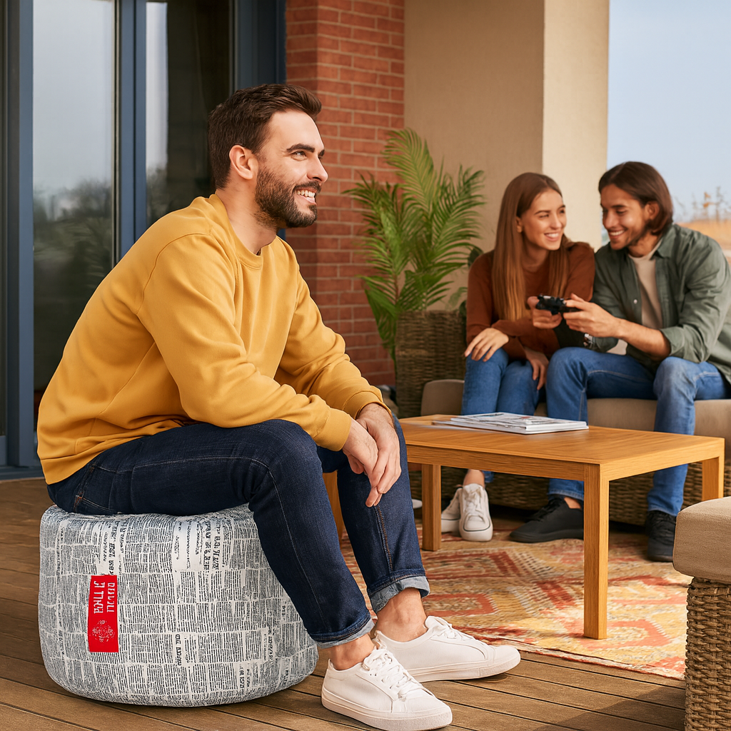 Style Homez Round Ottoman, Cotton Canvas Newspaper Printed Bean Bag Stool Large Size Filled with Beans Fillers, White Black Color