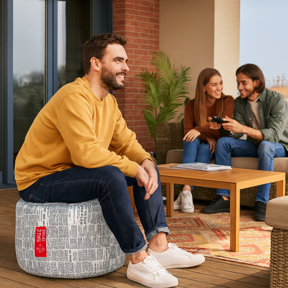 Style Homez Round Ottoman, Cotton Canvas Newspaper Printed Bean Bag Stool Large Size Filled with Beans Fillers, White Black Color