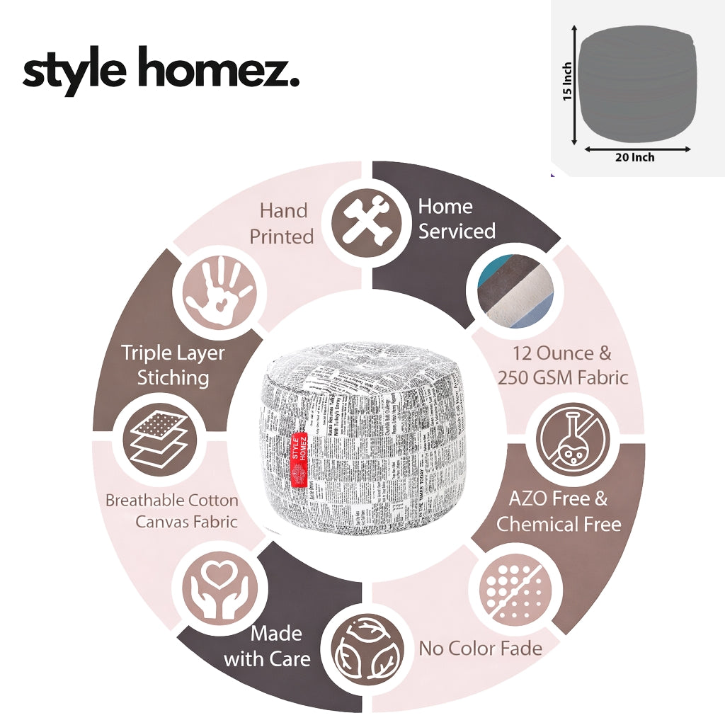 Style Homez Round Ottoman, Cotton Canvas Newspaper Printed Bean Bag Stool Large Size Filled with Beans Fillers, White Black Color
