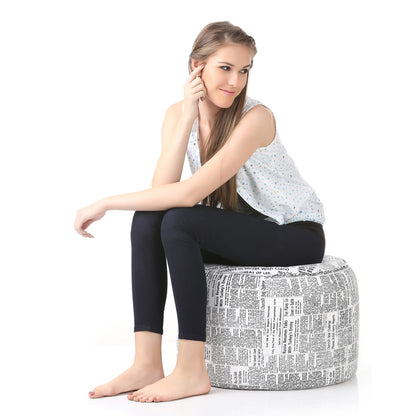 Style Homez Round Ottoman, Cotton Canvas Newspaper Printed Bean Bag Stool Large Size Filled with Beans Fillers, White Black Color