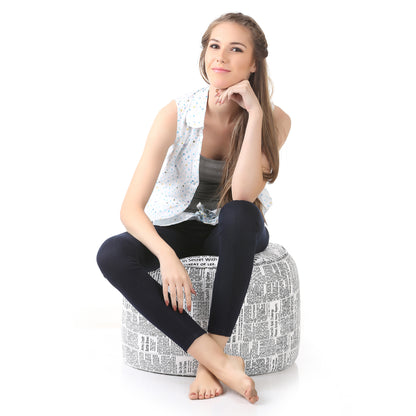 Style Homez Round Ottoman, Cotton Canvas Newspaper Printed Bean Bag Stool Large Size Filled with Beans Fillers, White Black Color