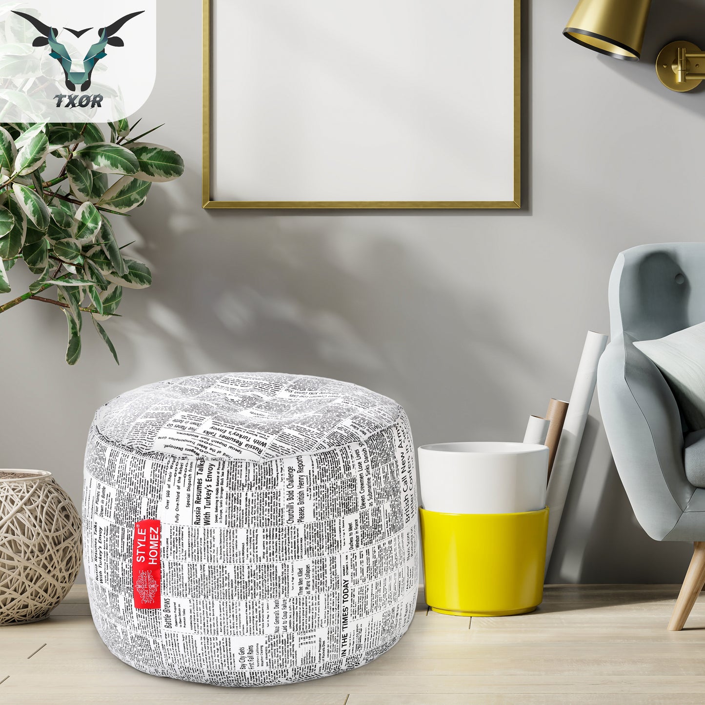 Style Homez Round Ottoman, Cotton Canvas Newspaper Printed Bean Bag Stool Large Size Filled with Beans Fillers, White Black Color