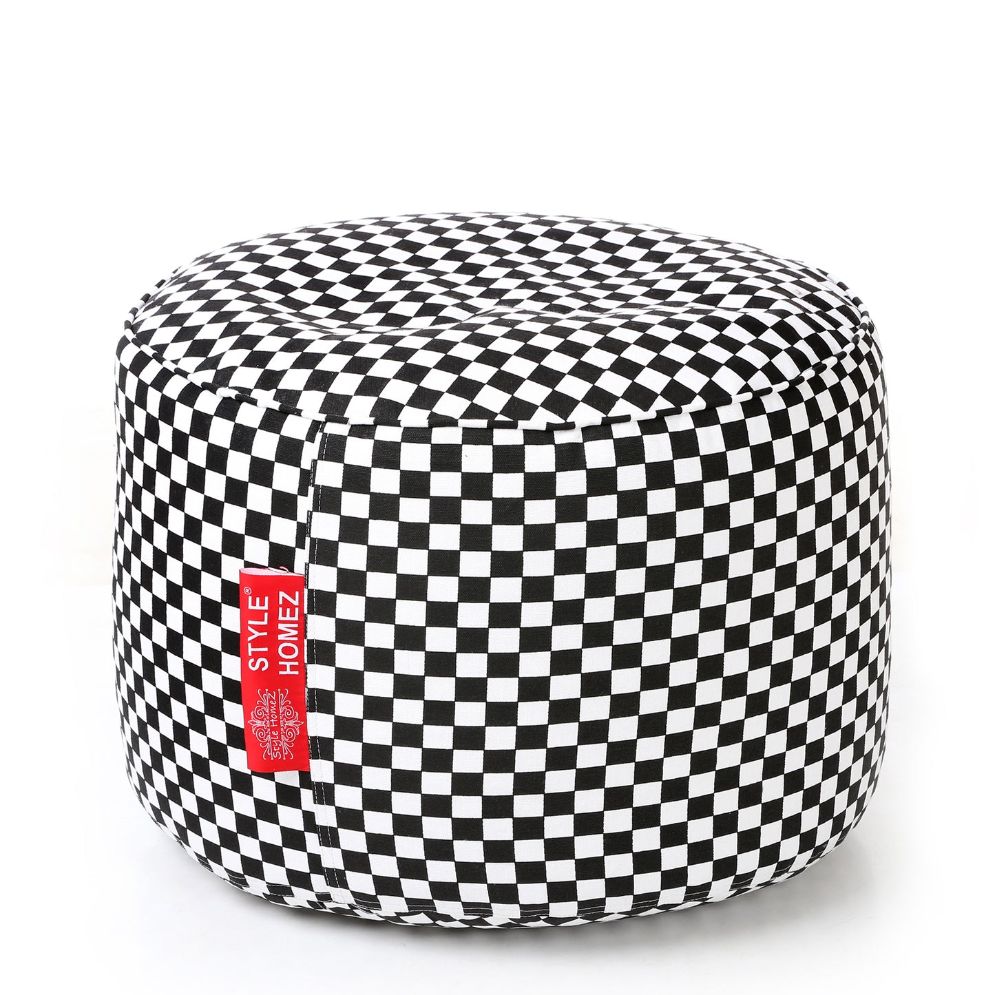 Style Homez Round Ottoman, Cotton Canvas Checkered Printed Bean Bag Stool Large Size Filled with Beans Fillers, White Black Color