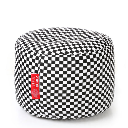 Style Homez Round Ottoman, Cotton Canvas Checkered Printed Bean Bag Stool Large Size Filled with Beans Fillers, White Black Color