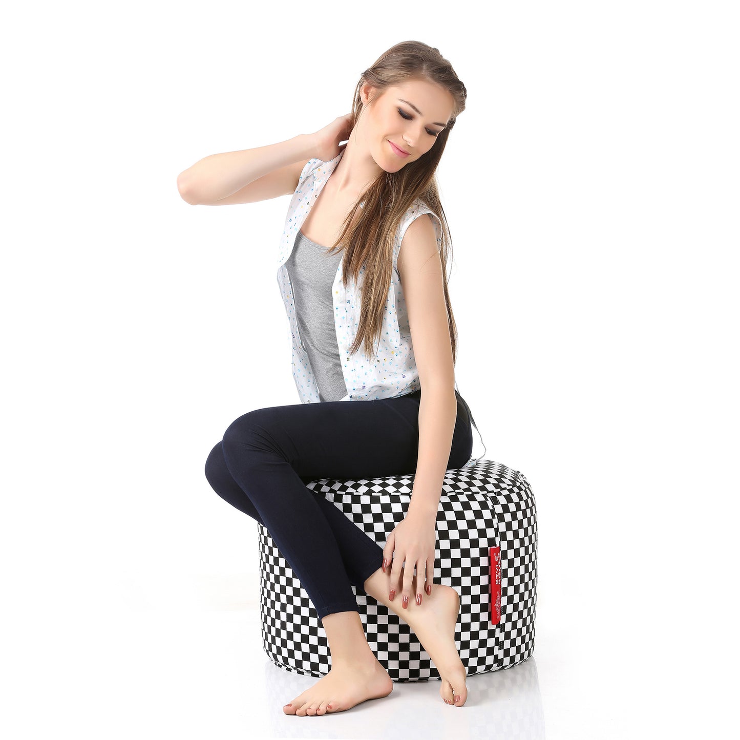 Style Homez Round Ottoman, Cotton Canvas Checkered Printed Bean Bag Stool Large Size Filled with Beans Fillers, White Black Color