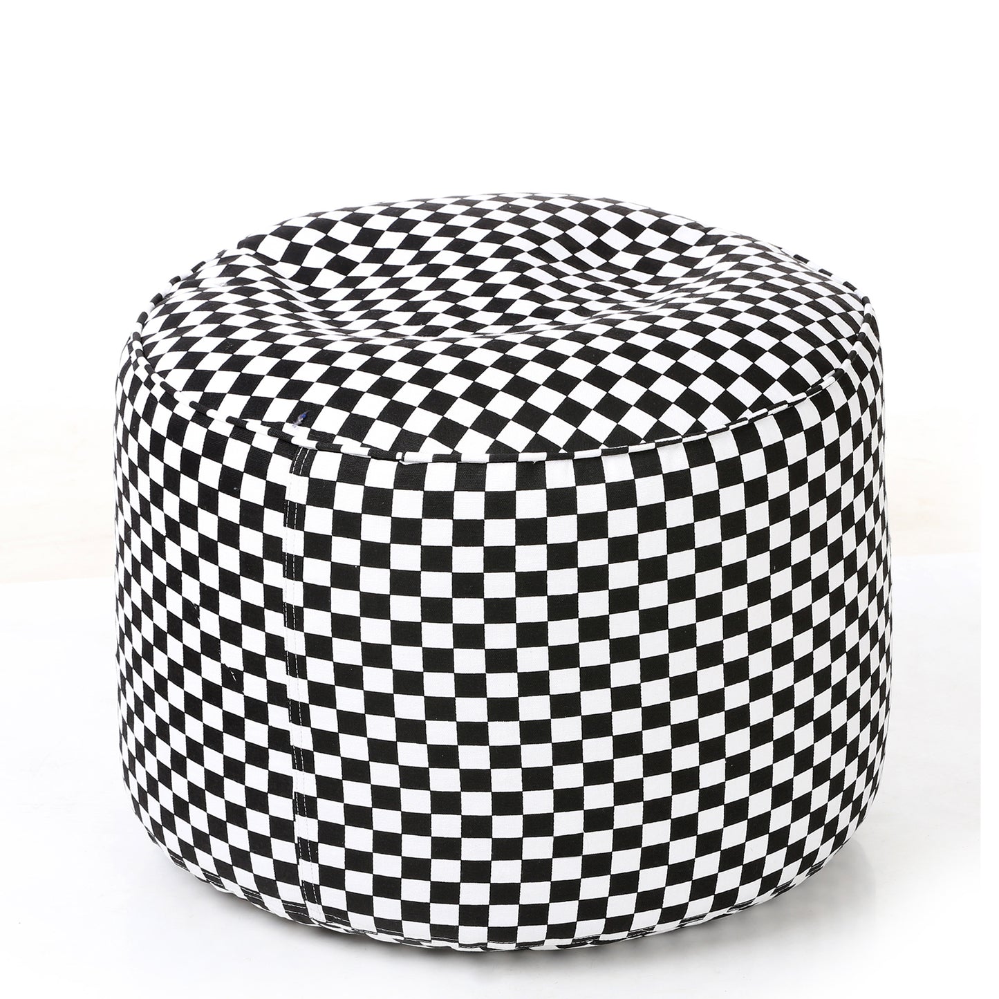 Style Homez Round Ottoman, Cotton Canvas Checkered Printed Bean Bag Stool Large Size Filled with Beans Fillers, White Black Color