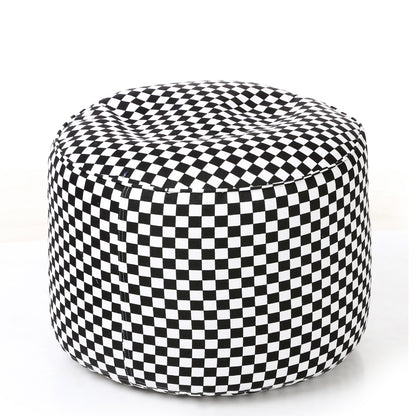 Style Homez Round Ottoman, Cotton Canvas Checkered Printed Bean Bag Stool Large Size Filled with Beans Fillers, White Black Color