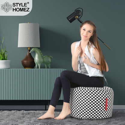 Style Homez Round Ottoman, Cotton Canvas Checkered Printed Bean Bag Stool Large Size Filled with Beans Fillers, White Black Color