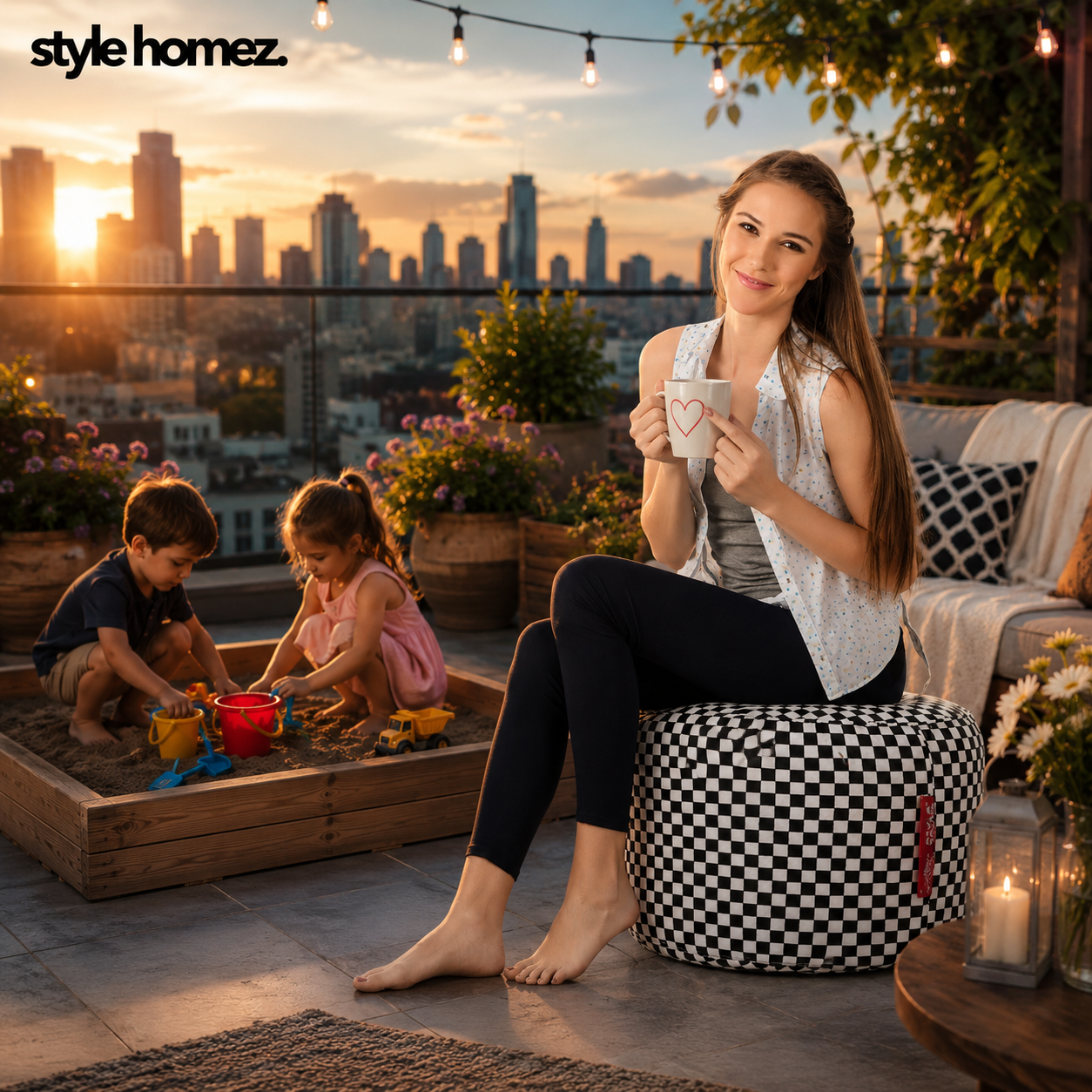 Style Homez Round Ottoman, Cotton Canvas Checkered Printed Bean Bag Stool Large Size Filled with Beans Fillers, White Black Color