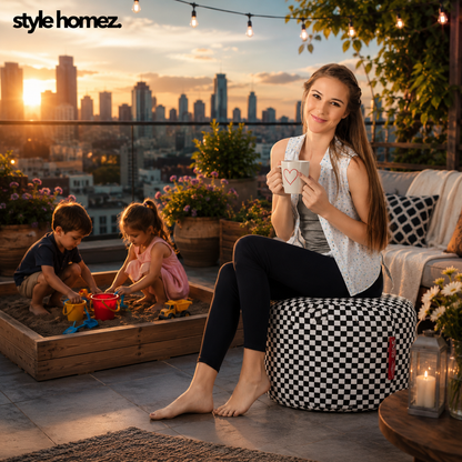 Style Homez Round Ottoman, Cotton Canvas Checkered Printed Bean Bag Stool Large Size Filled with Beans Fillers, White Black Color