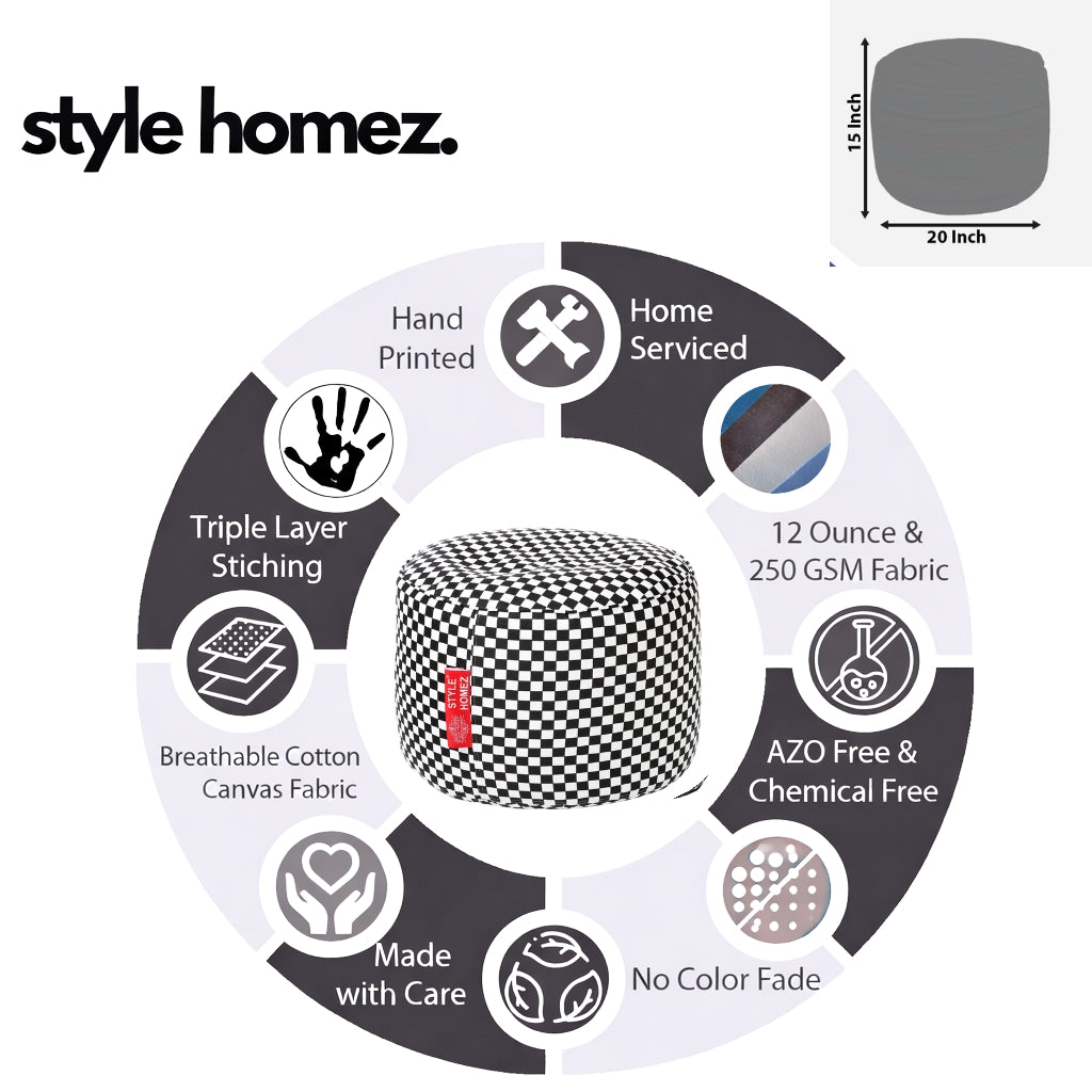 Style Homez Round Ottoman, Cotton Canvas Checkered Printed Bean Bag Stool Large Size Filled with Beans Fillers, White Black Color