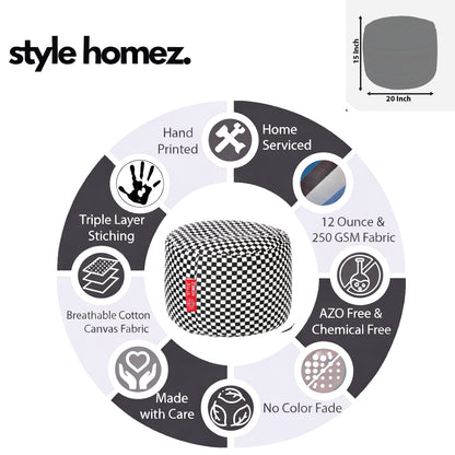 Style Homez Round Ottoman, Cotton Canvas Checkered Printed Bean Bag Stool Large Size Filled with Beans Fillers, White Black Color