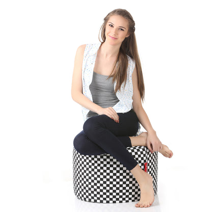 Style Homez Round Ottoman, Cotton Canvas Checkered Printed Bean Bag Stool Large Size Filled with Beans Fillers, White Black Color
