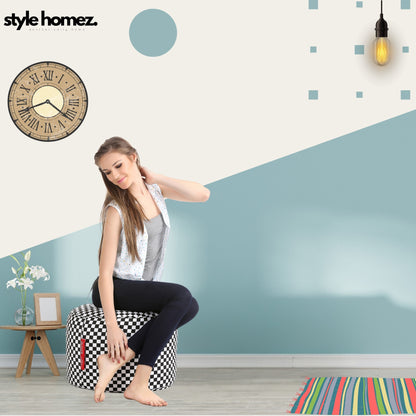 Style Homez Round Ottoman, Cotton Canvas Checkered Printed Bean Bag Stool Large Size Filled with Beans Fillers, White Black Color