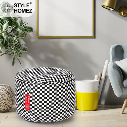 Style Homez Round Ottoman, Cotton Canvas Checkered Printed Bean Bag Stool Large Size Filled with Beans Fillers, White Black Color