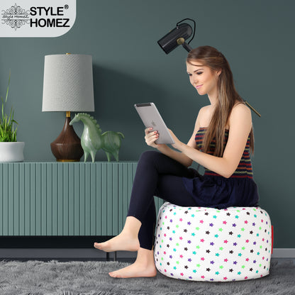 Style Homez Round Ottoman, Cotton Canvas Star Printed Bean Bag Stool Large Size Filled with Beans Fillers, Multi Color
