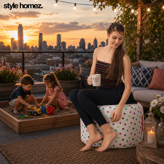 Style Homez Round Ottoman, Cotton Canvas Star Printed Bean Bag Stool Large Size Filled with Beans Fillers, Multi Color