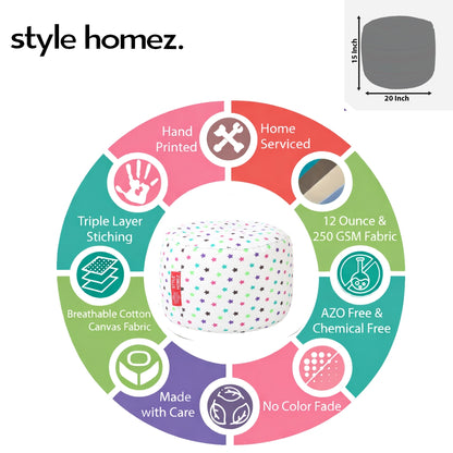 Style Homez Round Ottoman, Cotton Canvas Star Printed Bean Bag Stool Large Size Filled with Beans Fillers, Multi Color