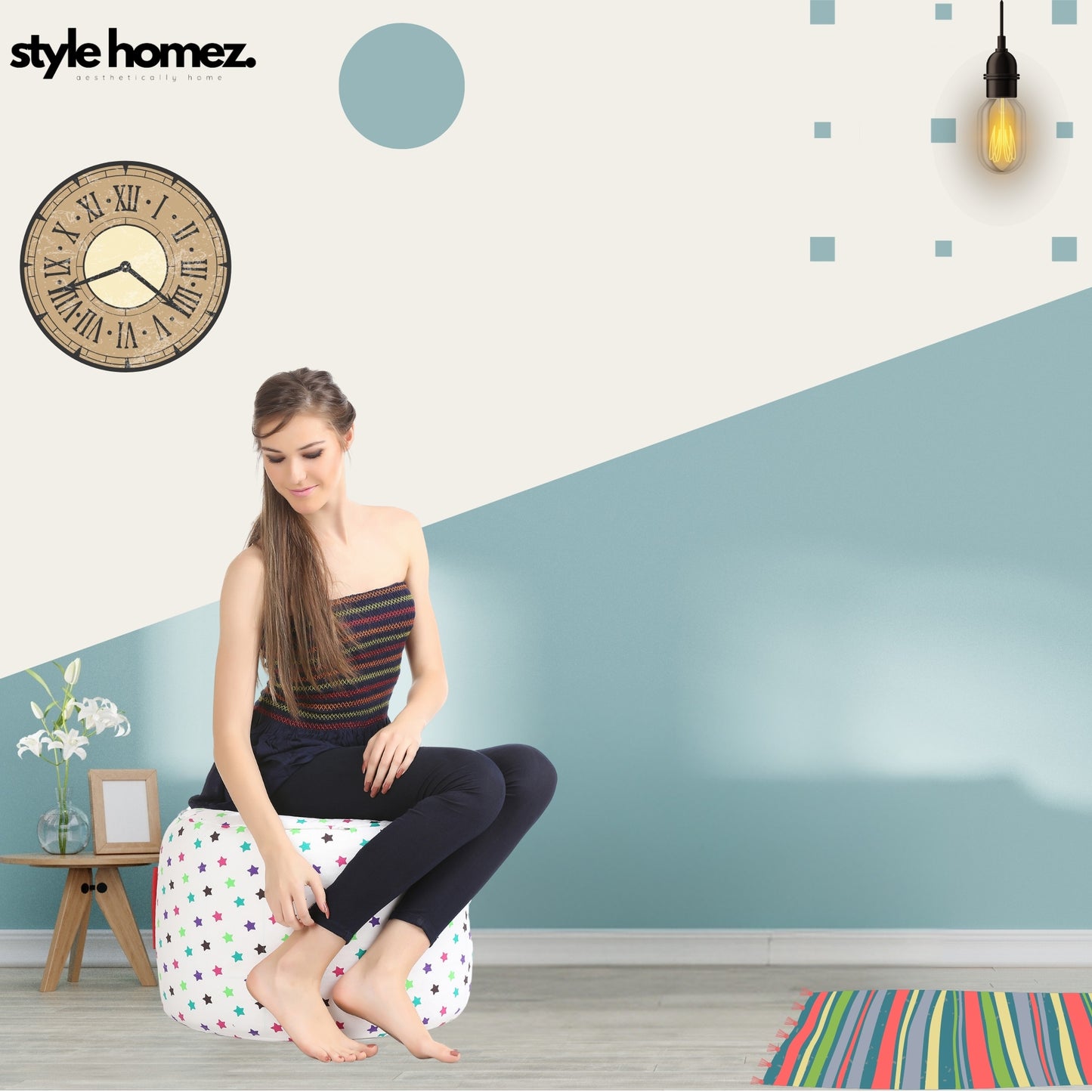 Style Homez Round Ottoman, Cotton Canvas Star Printed Bean Bag Stool Large Size Filled with Beans Fillers, Multi Color