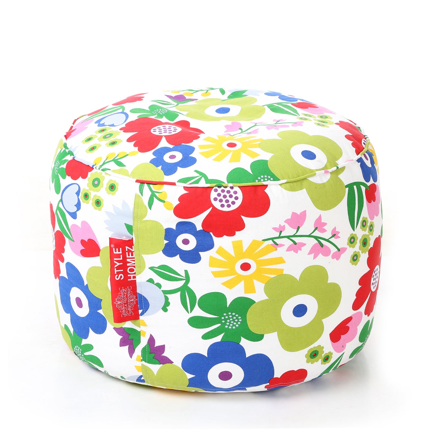 Style Homez Round Ottoman, Cotton Canvas Eloral Printed Bean Bag Stool Large Size Filled with Beans, Multi Color