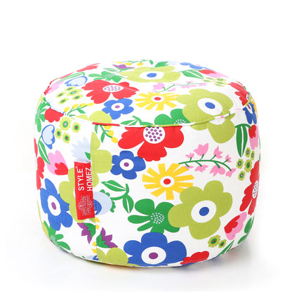 Style Homez Round Ottoman, Cotton Canvas Eloral Printed Bean Bag Stool Large Size Filled with Beans, Multi Color