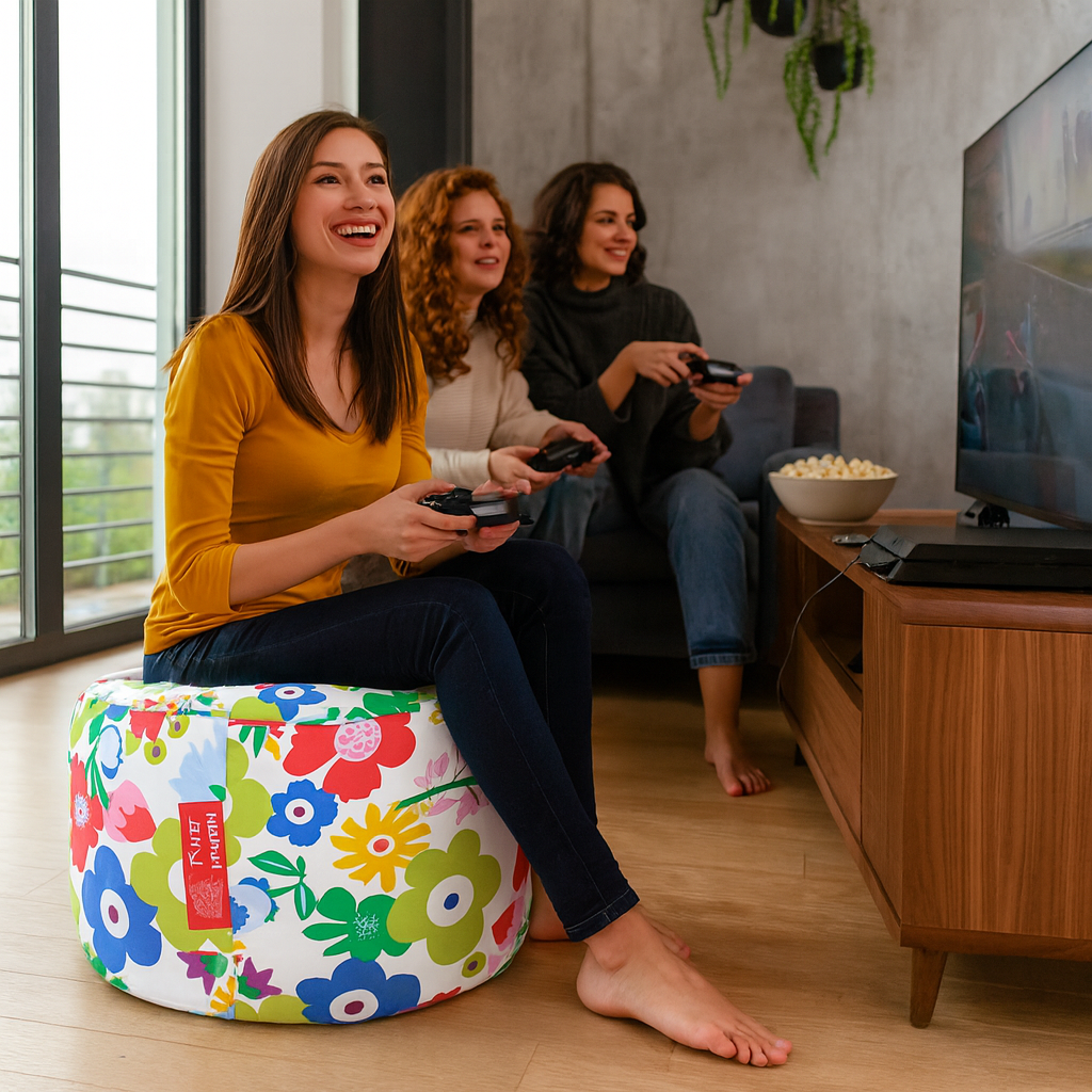 Style Homez Round Ottoman, Cotton Canvas Eloral Printed Bean Bag Stool Large Size Filled with Beans, Multi Color