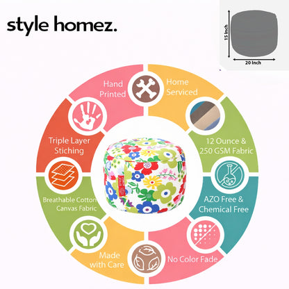 Style Homez Round Ottoman, Cotton Canvas Eloral Printed Bean Bag Stool Large Size Filled with Beans, Multi Color